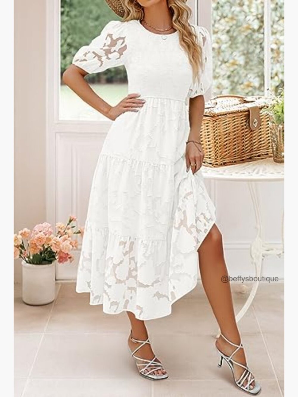 Short Puff Sleeve Smocked Floral Lace Tiered Maxi Dress - Picture 3 of 7